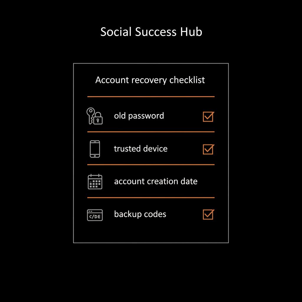 Minimal infographic checklist to recover my Gmail without a recovery email: old password, trusted device, account creation date, backup codes in dark brand palette.