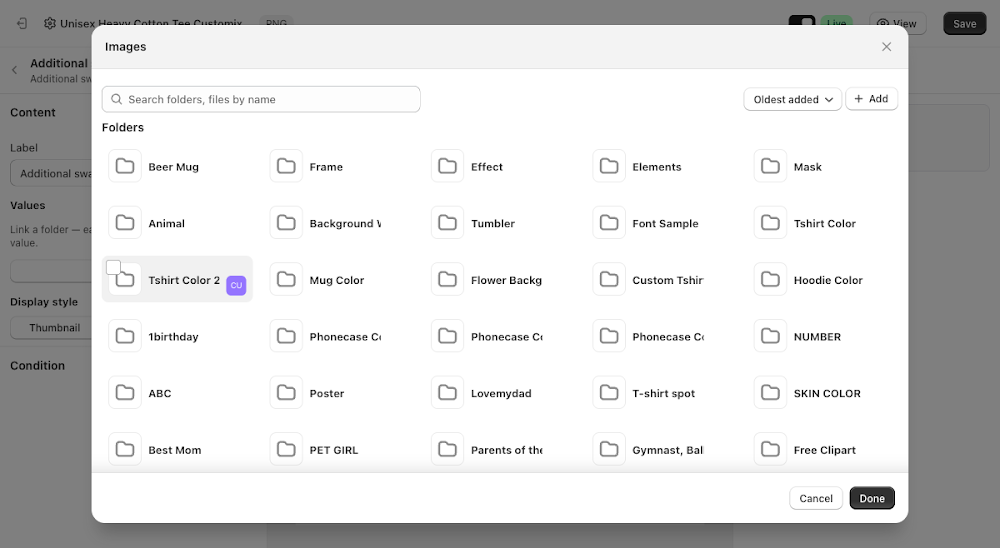 Assets library folder browser inside the Select folder dialog