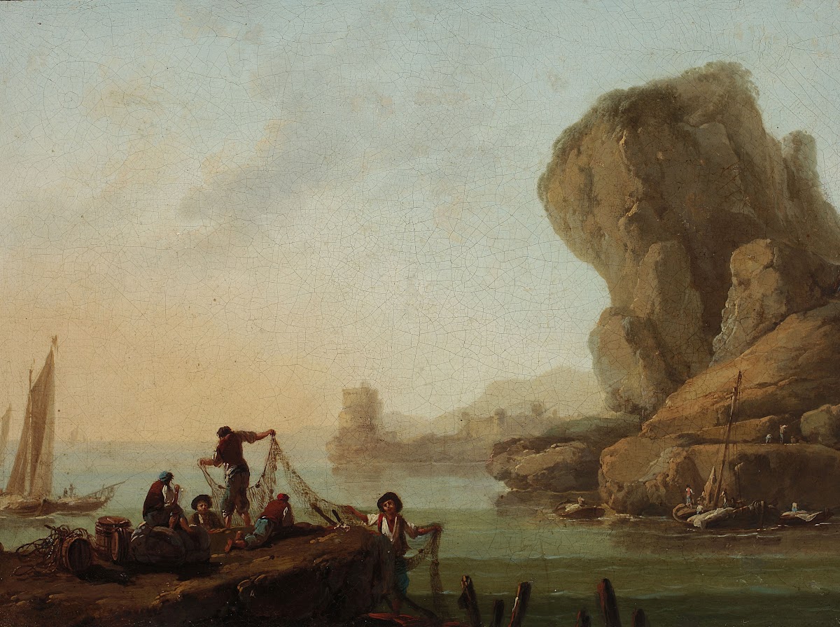 Fishermen pulling nets at the seaside 1769