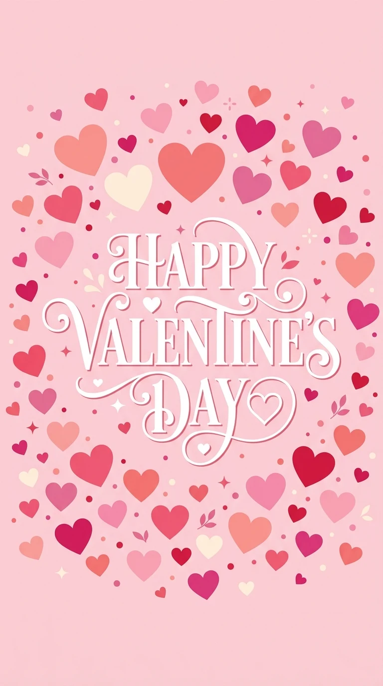 Happy Valentine's Day Typography With Scattered Pink Hearts - Free 4K mobile Wallpaper