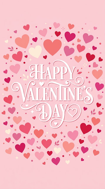 Happy Valentine's Day Typography With Scattered Pink Hearts - Free mobile Wallpaper