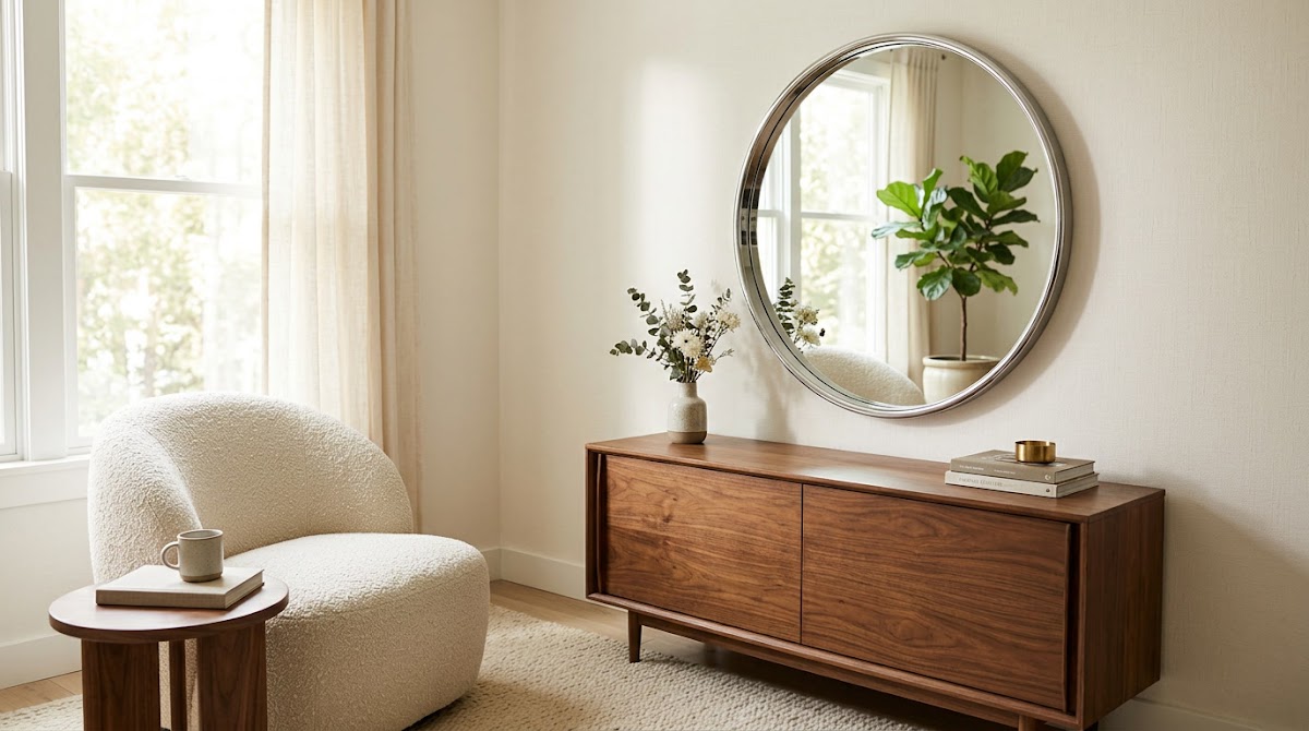 How to Use Chrome Mirrors to Make Small Rooms Feel Brighter - chrome side table beside walnut furniture in a living room