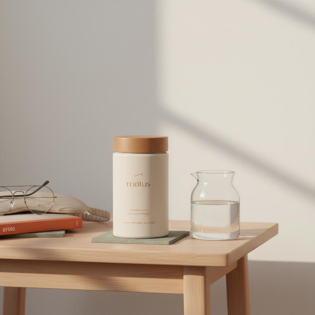 Tonum Nouro bottle on a bedside table with a glass carafe, reading glasses and sleep mask in a minimal morning scene, supplements for brain fog