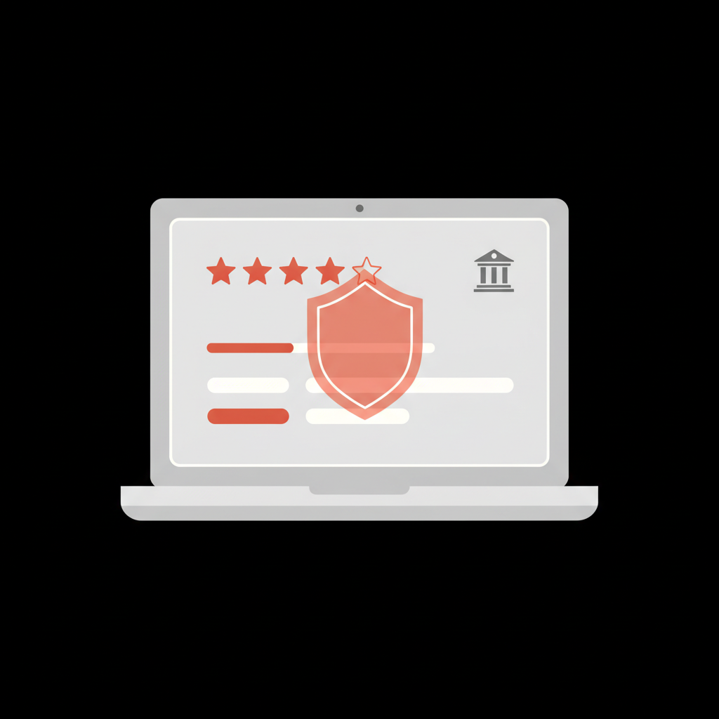 Vector infographic of a laptop displaying an online review with a shield overlay and courthouse icon, illustrating a defamation lawsuit for online reviews.