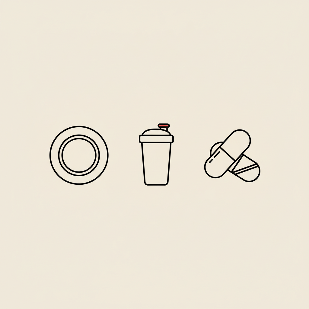 Minimal Tonum-style line illustration of a plate, shaker bottle, and capsule on beige background for 2 shakes and 1 meal weight loss