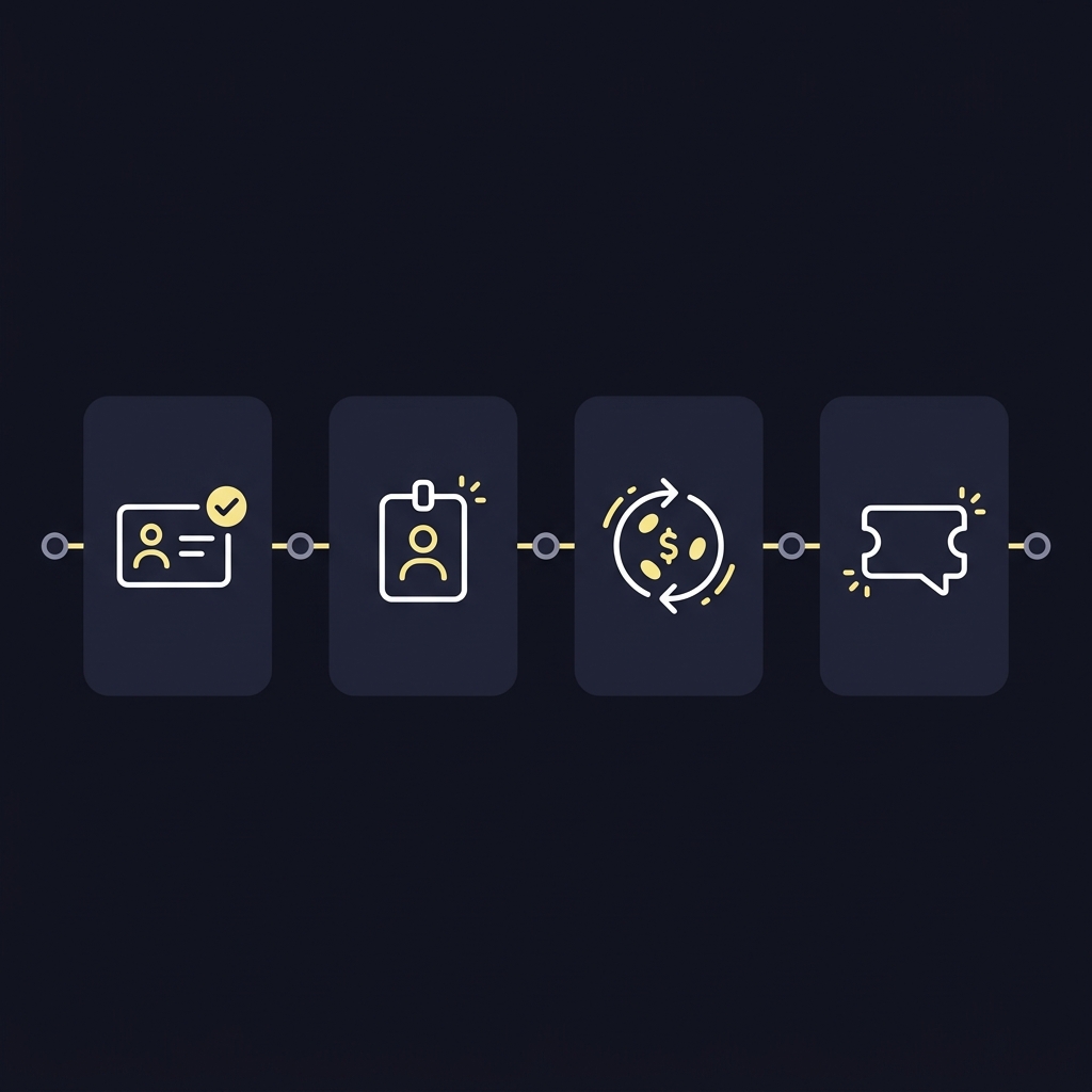 Minimal 2D vector checklist for 1xbetonline showing KYC ID icon name match icon bonus rollover icon and support ticket icon in Funded Plays brand colors on dark background