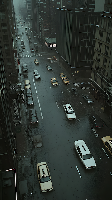 Rainy New York City Street Traffic Cinematic Noir View - Free mobile Wallpaper