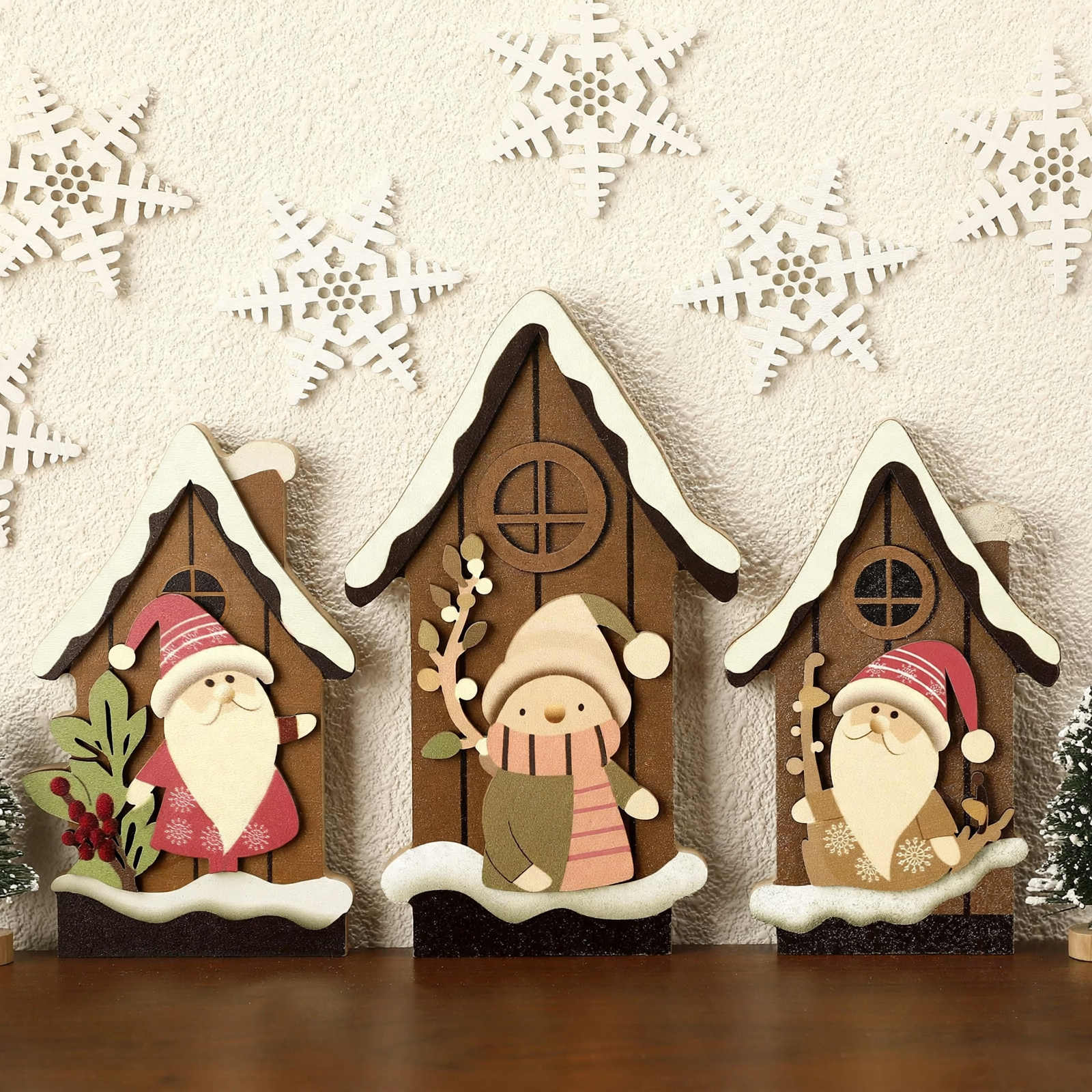 Beleuchtetes Weihnachts-Holzhaus-Set für Tischdekoration