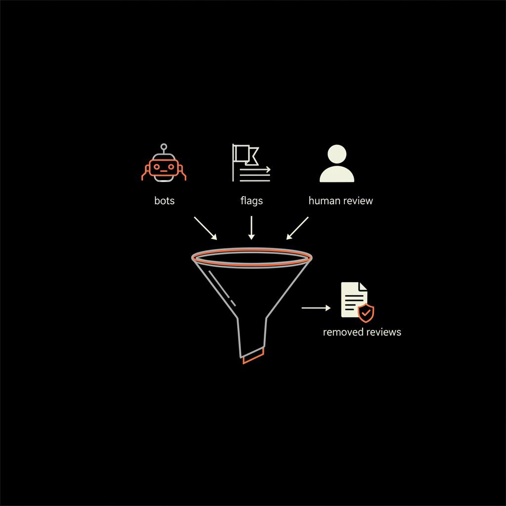 Minimal infographic of an algorithm funnel catching reviews with bot, flag and human reviewer icons illustrating google reviews removed process