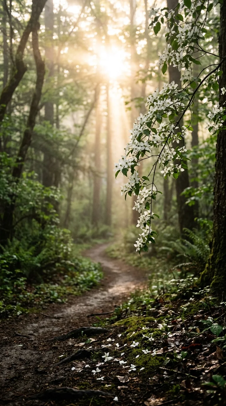 Delicate White Blossoms Overhanging a Golden Sunlit Forest Path - Free 8K and 4K mobile Wallpaper Background
