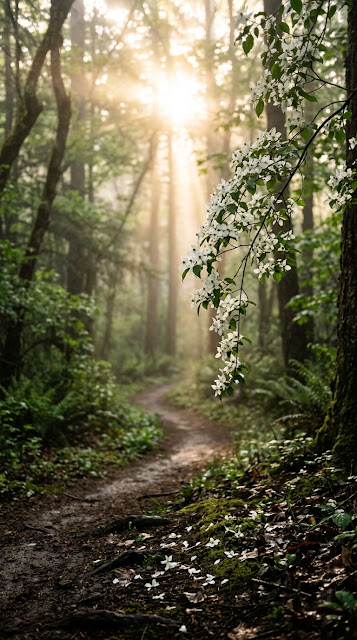 Delicate White Blossoms Overhanging a Golden Sunlit Forest Path - Free mobile Wallpaper