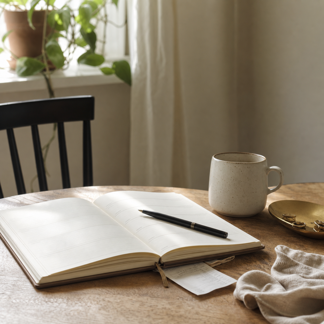An open planner with a black pen, cream mug, receipt, and soft cloth on a wooden table in warm window light.