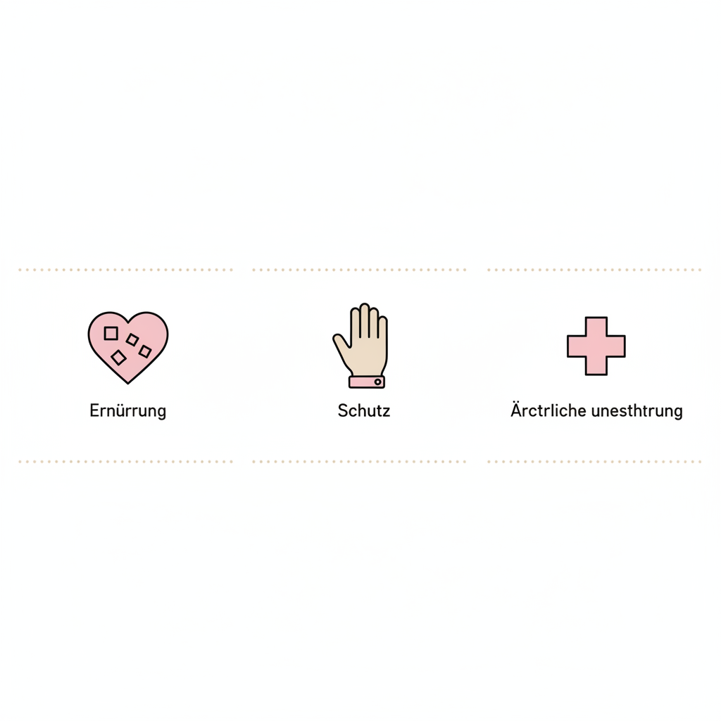 Minimalistische 2D-Vektor-Infografik 'brüchige Nägel durch Stress' mit drei Icons: Herz (Ernährung), Hand mit Handschuh (Schutz) und Arzt-Kreuz (Untersuchung) in NailX-Farben.