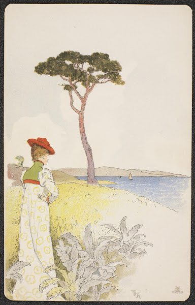 Woman by pine tree and landscape with water