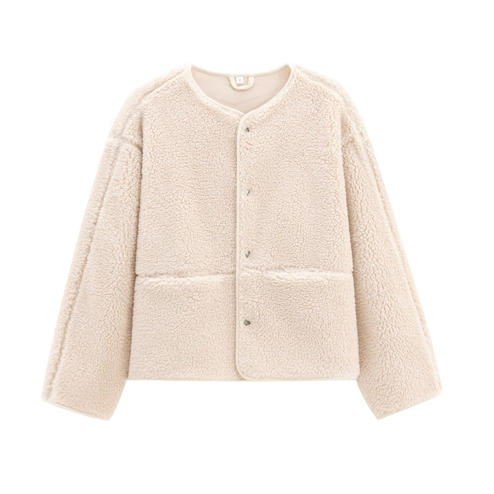 Damen Teddyfleece-Jacke, Rundhalsausschnitt, schlicht