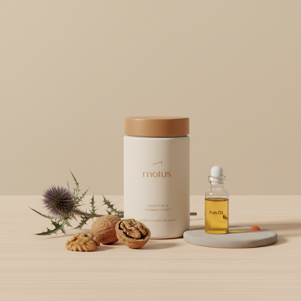 Tonum Motus supplement jar on light wooden table with milk thistle, walnuts and fish oil vial, minimalist studio shot for best supplement for focus and memory