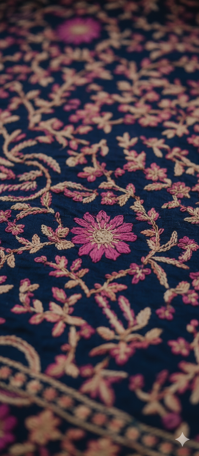 Hand-Embroidered Navy Blue Phulkari Shawl | Pink & Beige Floral Motif Wool Wrap
