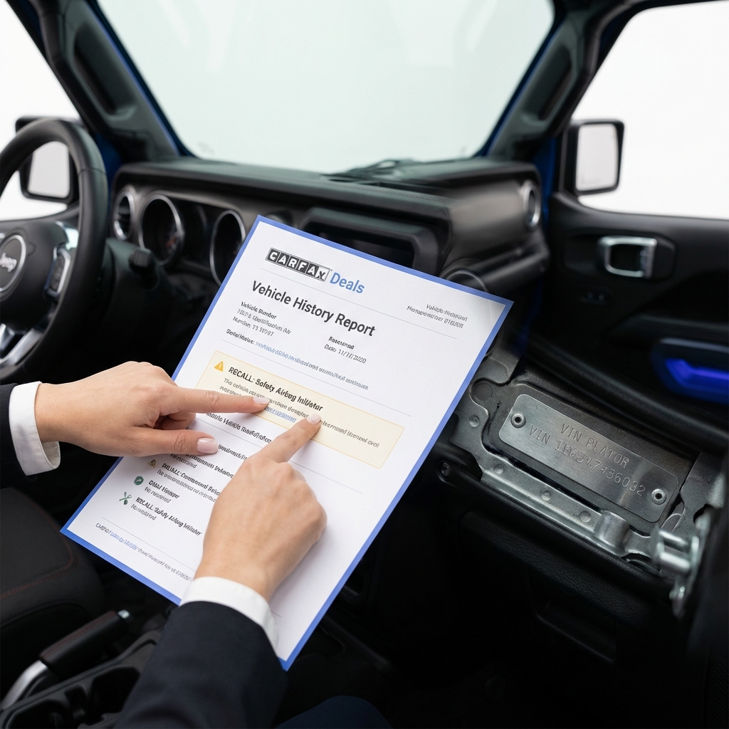 Close up of a vehicle history report and VIN plate on a Jeep dashboard with hands pointing at a recall entry used jeeps for sale near me
