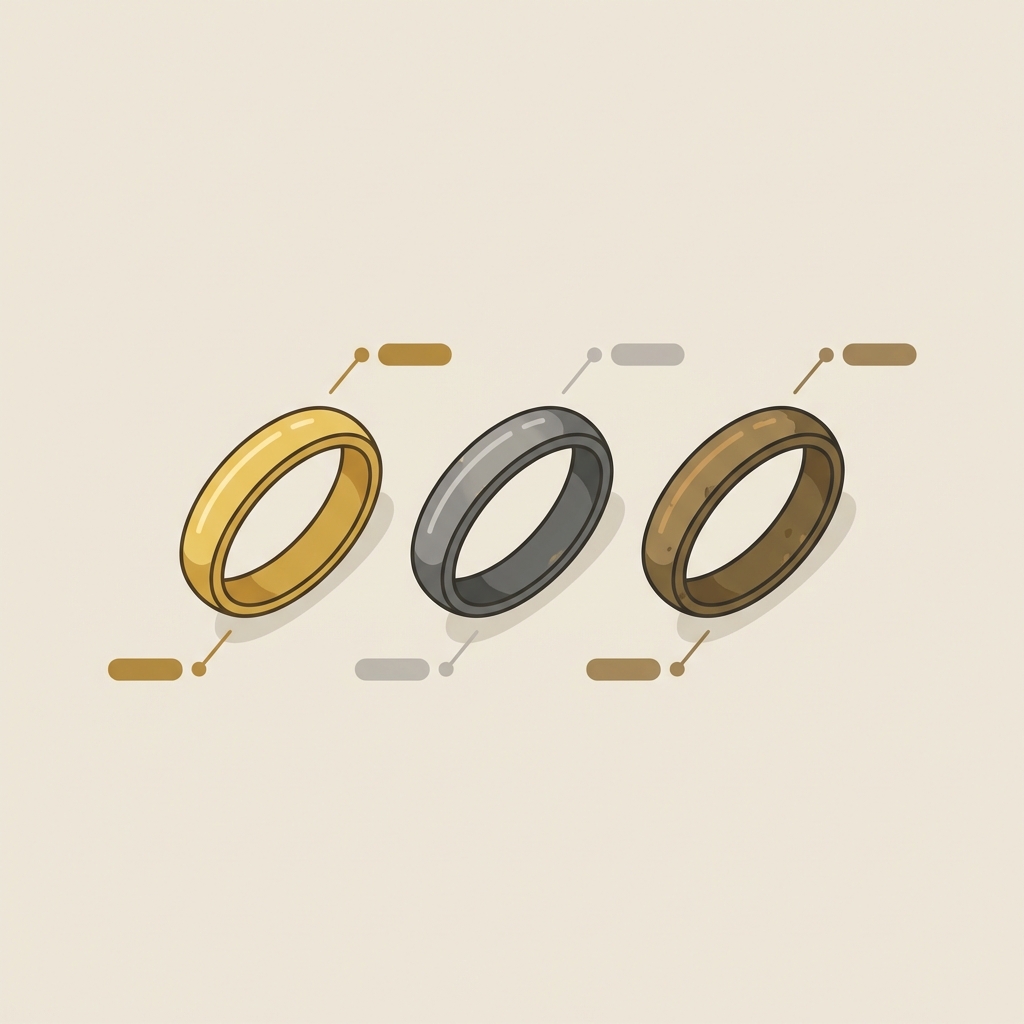 Three flat ancient roman rings in gold silver and bronze on a beige background with minimalist non textual markers indicating material period and condition