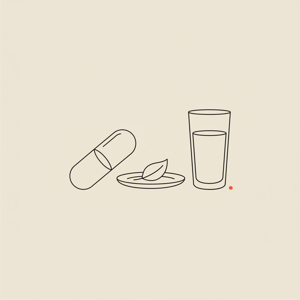 Minimal Tonum-style line illustration of a capsule, small plate with a leaf, and a glass of water representing phentermine side effects in a clean, clinical composition