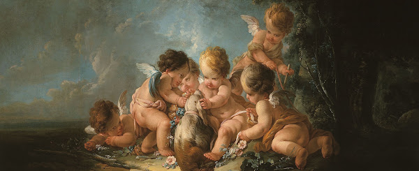 Groupe de six Amours jouant avec un chien 1761