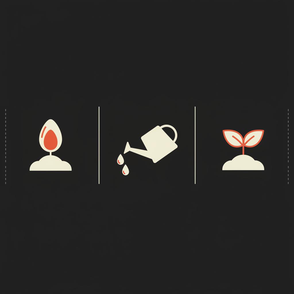 Minimal 2D vector infographic of seed, watering can, and sprout icons in Social Success Hub palette on black background, representing growth for TikTokers.
