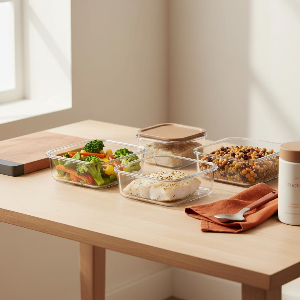 Tidy kitchen table with two-week meal prep containers of vegetables, grilled fish and legumes with Tonum Motus container subtly at the edge — 2 week liver reduction diet