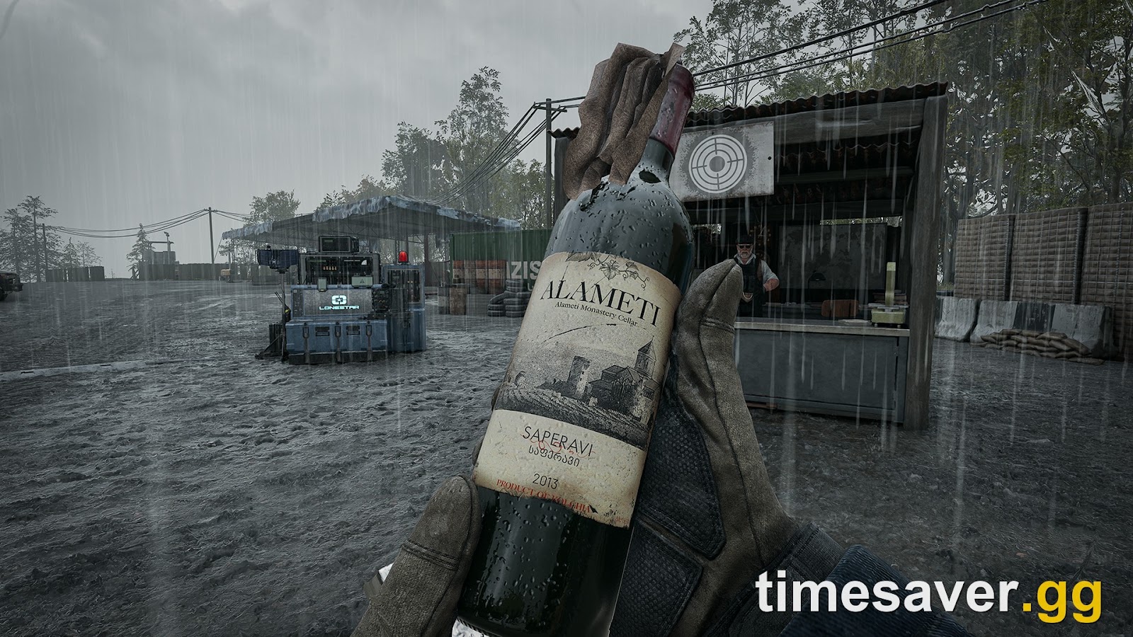 WARDOGS player holding a looted Alameti wine bottle beside a Lonestar faction supply crate at a vendor stall