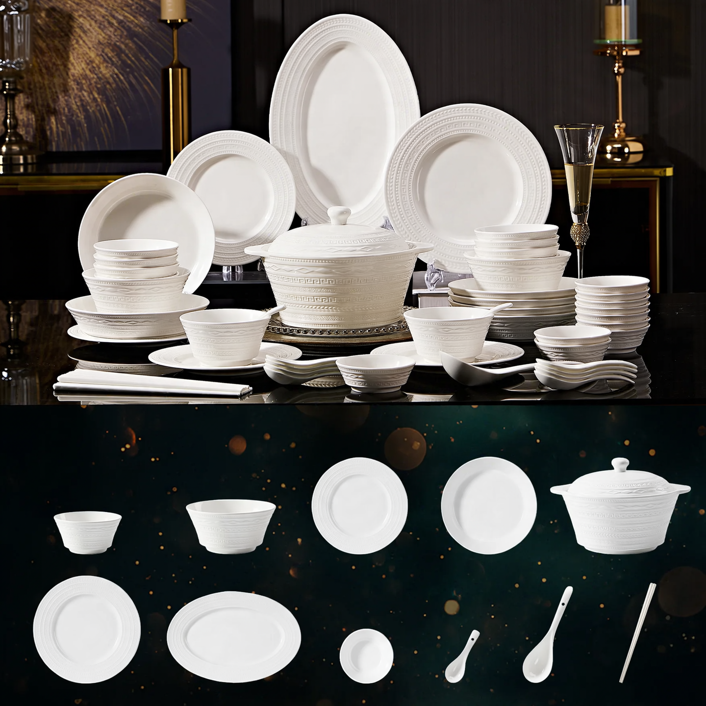 Porcelain dinnerware set with gold rim, luxury design