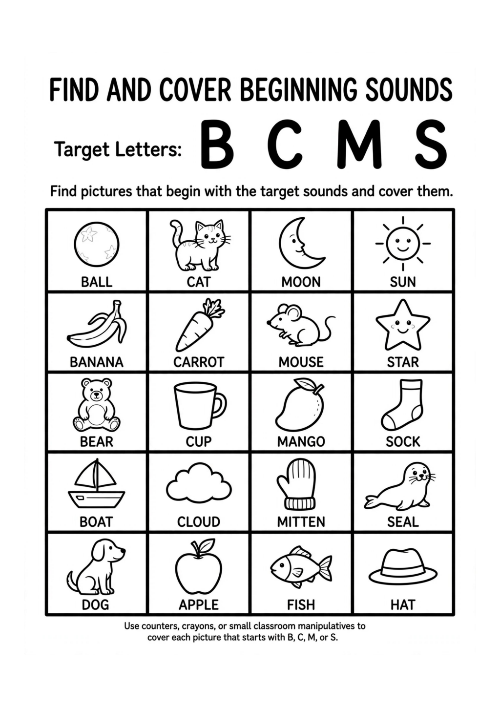 Find and Cover Beginning Sounds Worksheet