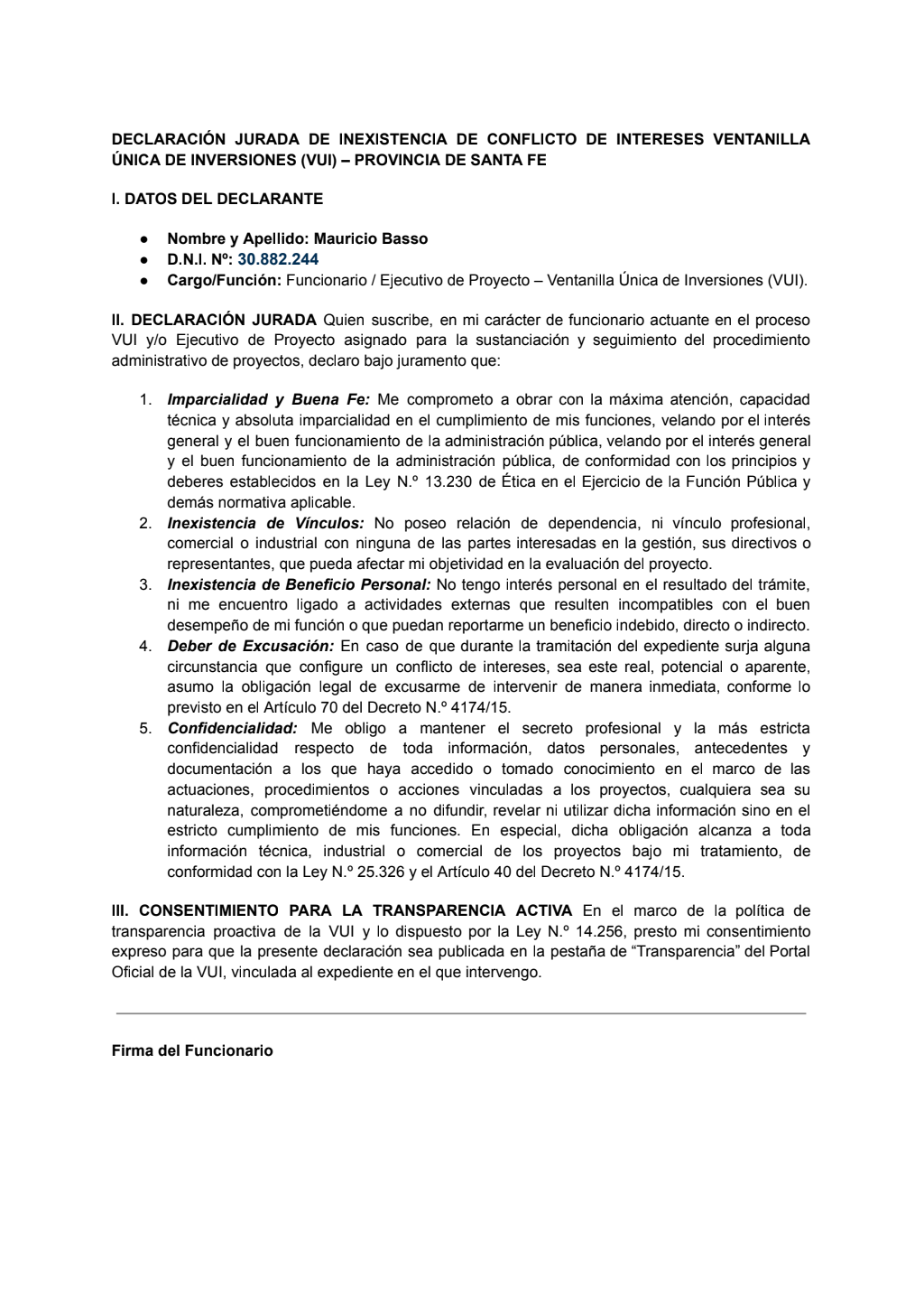 Primera página de la declaración jurada de Mauricio José Basso
