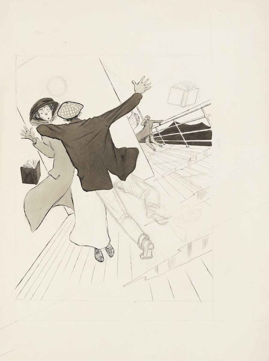 A man and a woman on a ships deck run into each other both dropping a book as th
