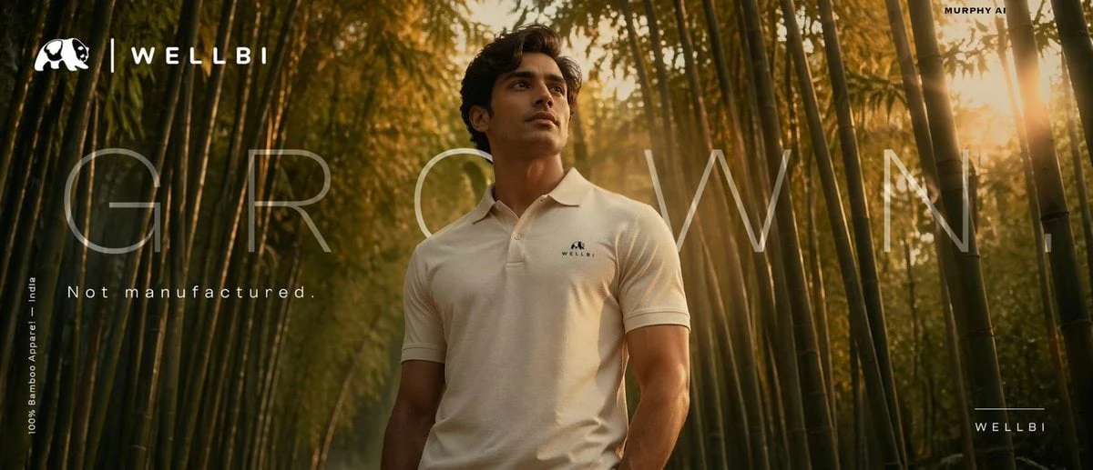 Póster cinematográfico de WELLBI, la marca india de ropa de bambú de alta gama.