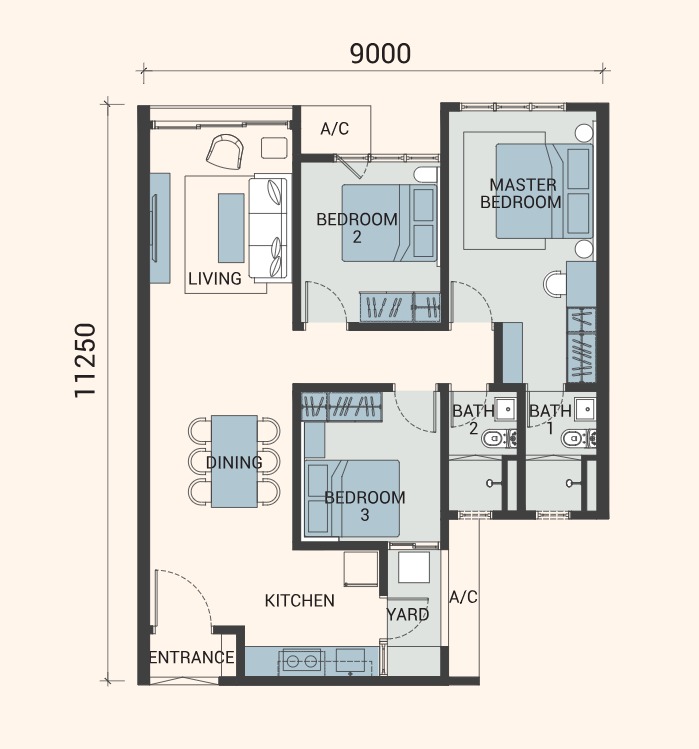Veridian Type A floor plan — 947 sq ft, 3 bedrooms