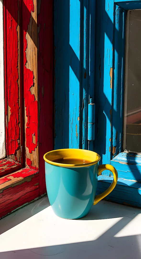 Turquoise Mug Sunlight Peeling Paint Window Sill
