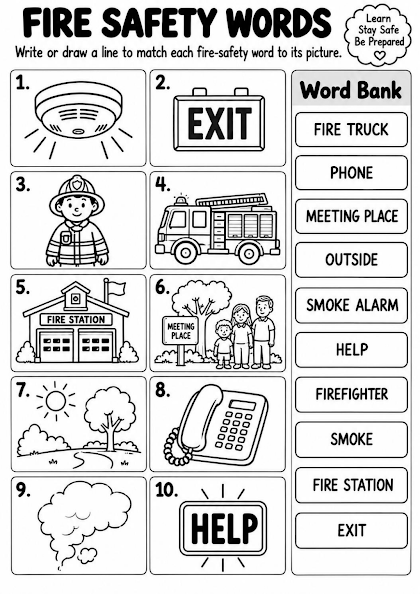 Fire Safety Vocabulary Match Worksheet