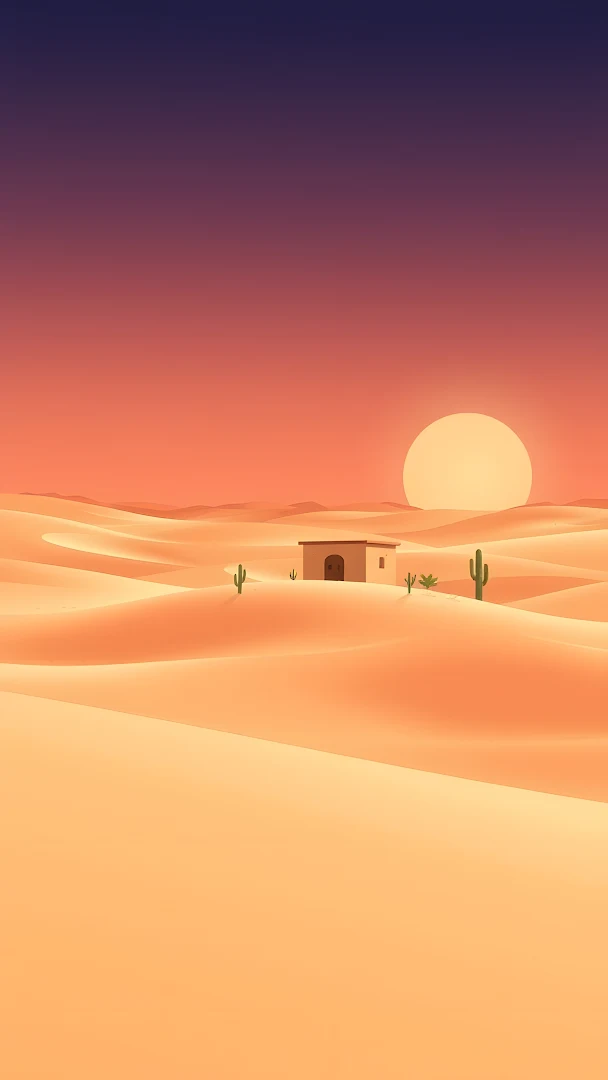 Minimalist Desert Landscape with Adobe House and Sunset