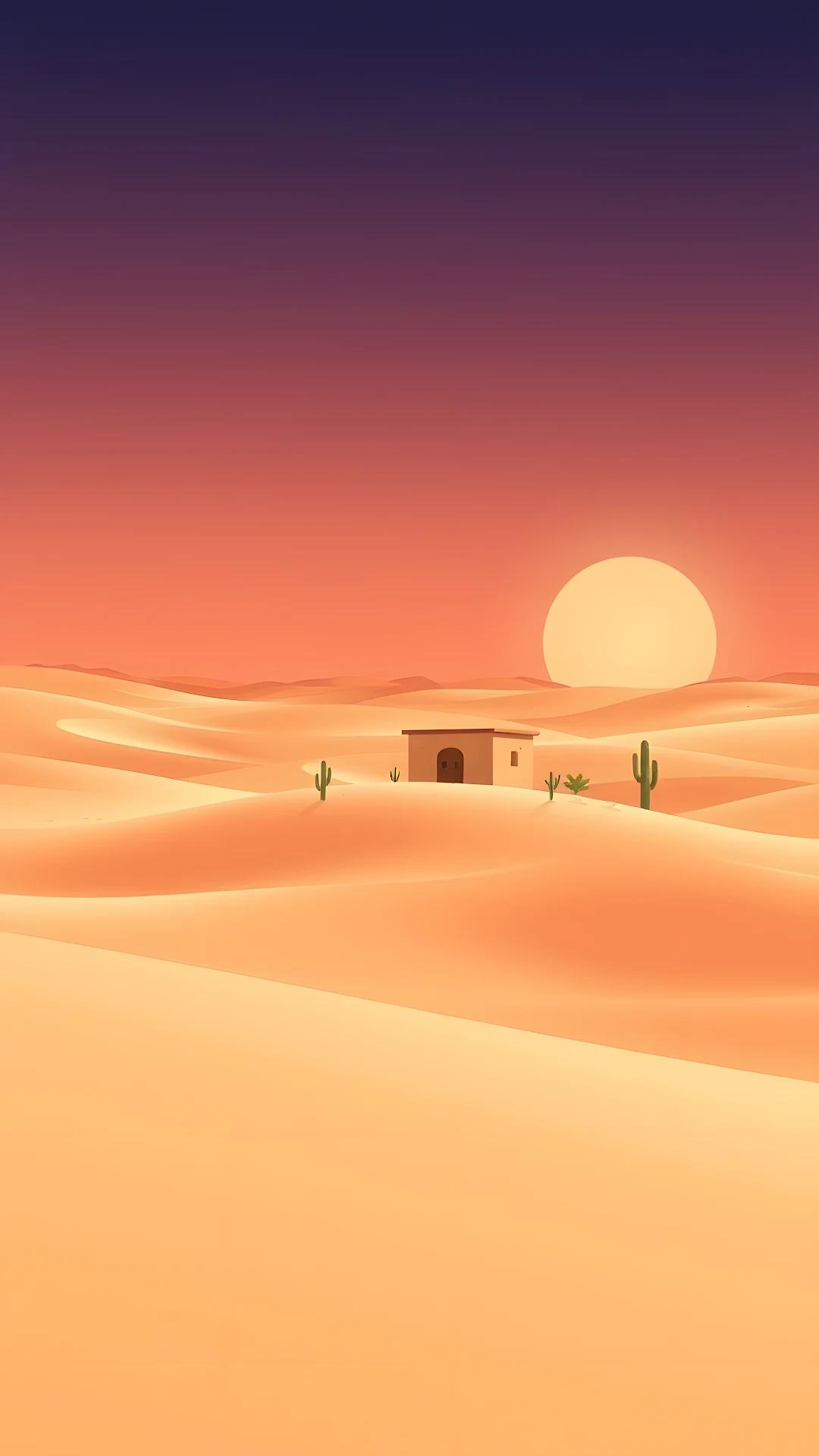 Minimalist Desert Landscape with Adobe House and Sunset - Free 4K mobile Wallpaper