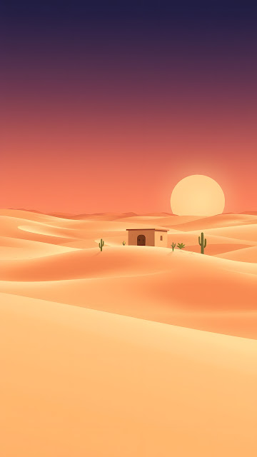Minimalist Desert Landscape with Adobe House and Sunset - Free mobile Wallpaper
