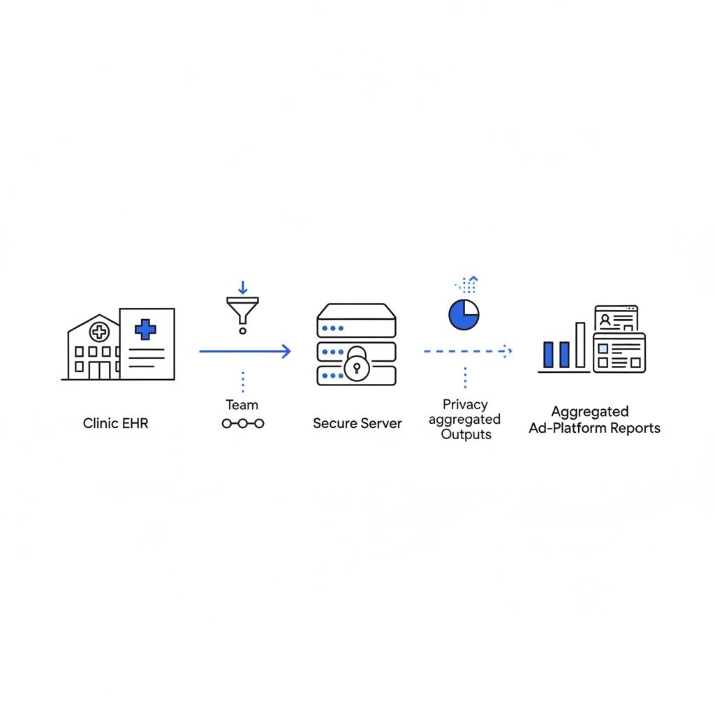 Notebook-style 2D vector diagram showing privacy-first measurement: clinic EHR icon, secure server with lock, and aggregated ad-platform reports connected by arrows in Agency Visible colors; medical PPC