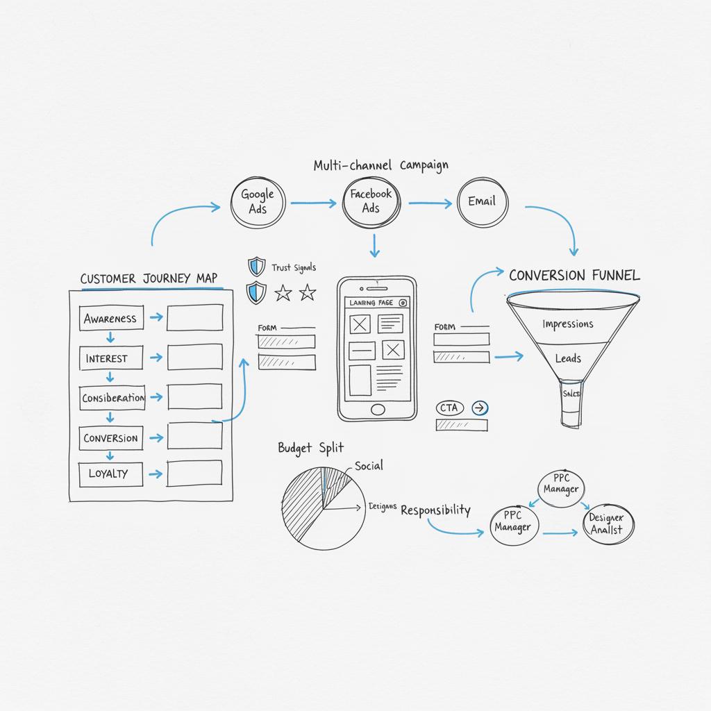 Top-down full-frame flat lay of a white notebook page with hand-drawn landing page layouts, funnel maps, mobile mockup and conversion arrows for pay-per-click planning.