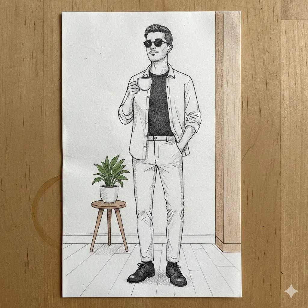 Elegante boceto de moda dibujado a mano de un hombre en una habitación minimalista.