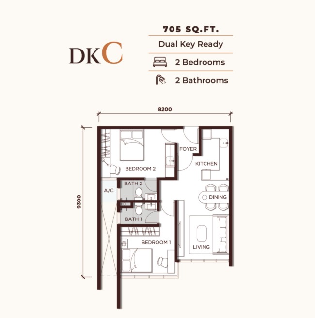 One Seputeh Type DKC floor plan — 848 sq ft, 2 bedrooms