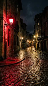 Night Urban Scene with Cobblestone Street and Dramatic Red Lamp
