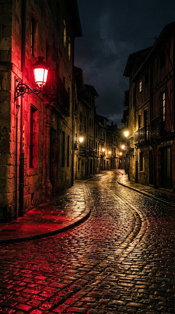 Night Urban Scene with Cobblestone Street and Dramatic Red Lamp - Free mobile Wallpaper