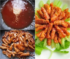 Đổ tương cà, 2 muỗng canh nước tương, 1 muỗng cà phê đường trắng vào chảo, khuấy đều. Cho tiếp mè trắng rang, thịt thăn heo vào, đảo đều 2 phút đến khi phần sốt sệt lại.
