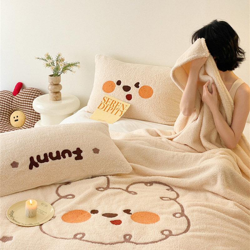 Double-sided lamb fleece blanket with cartoon print