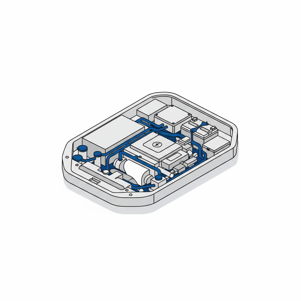 Minimalist 2D vector of Toyota RAV 4 hybrid engine bay focusing on hybrid components and a small lightning bolt symbol toyota rav 4 hybrid for sale