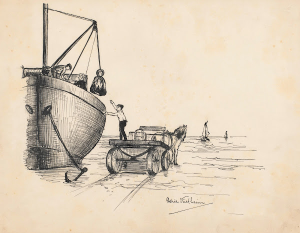 Lossend schip op een strand