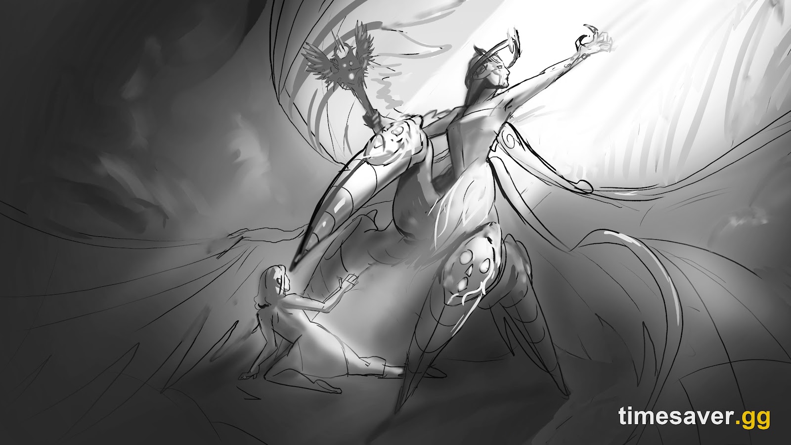 Alternative greyscale key art concept for Chorus of Sin, one of the designs shown during The Grimoire community vote